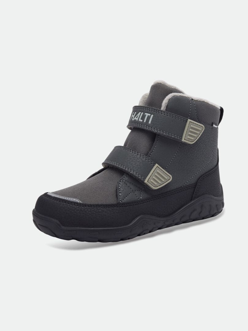 Halti Jalava DX Barfußstiefel für Kinder: grau/schwarz, knöchelhoch, 2 Riemen, robuste Sohle, abgebildet auf weißem Hintergrund.