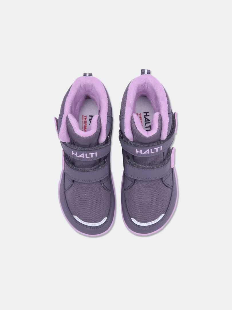 Halti Jalava DX Barfußstiefel für Kinder: lila/rosa Zero-Drop-Sneaker für Kinder mit Klettverschluss.