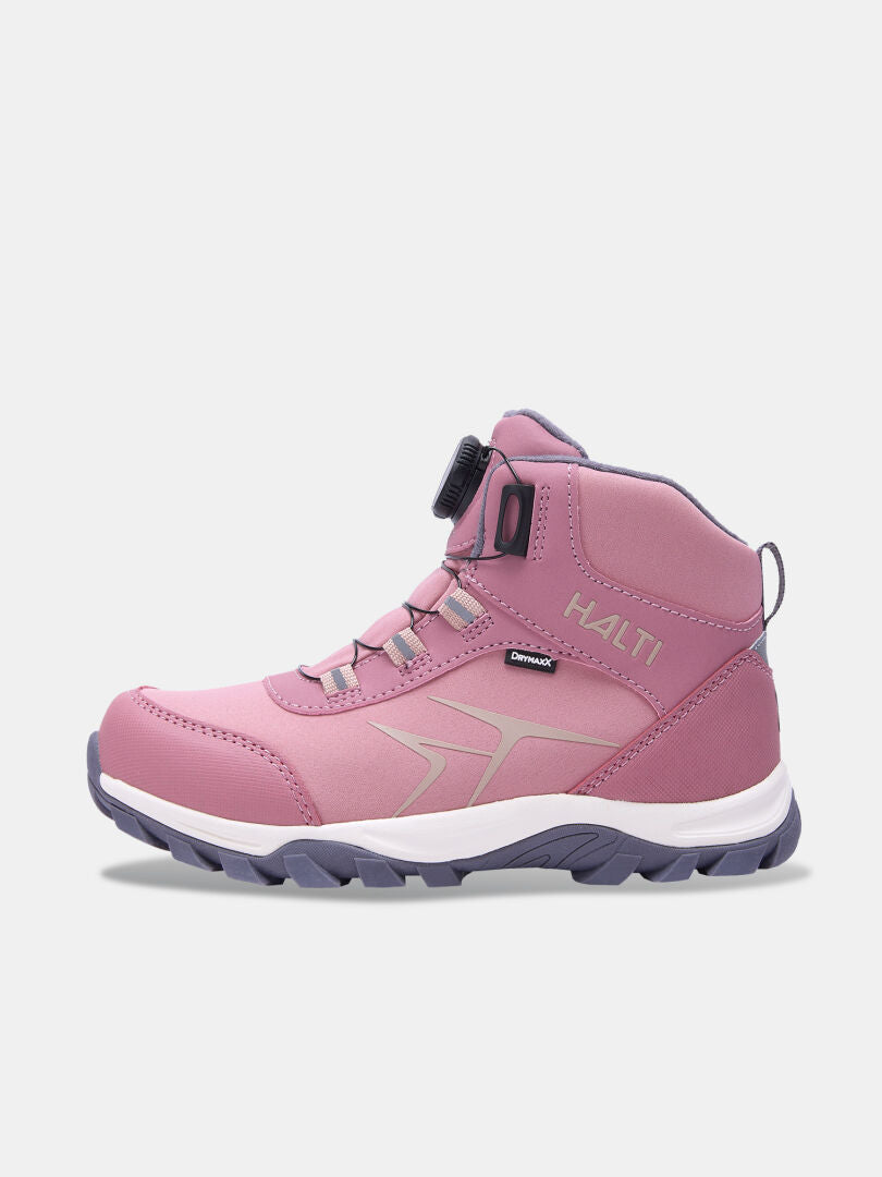 Mauvefarbene, wasserdichte Halti Tribe Dada DX Outdoor-Schuhe für Kinder, High-Top-Modell mit Drehverschluss-Schnürsystem und profilierter Sohle.