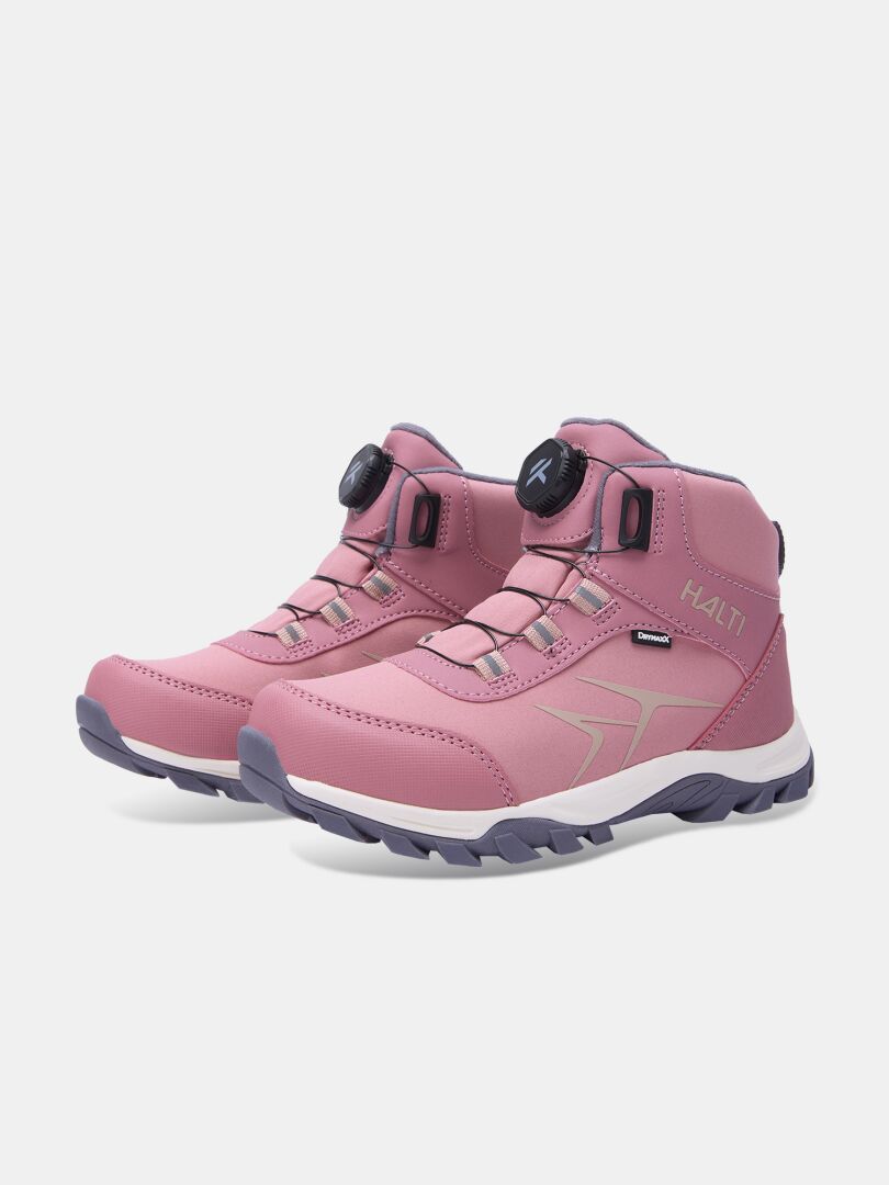 Halti Tribe Dada DX Outdoor-Schuhe für Kinder in Altrosa mit Drehverschluss, dunkelgrauen Profilsohlen und einer wasserdichten Membran.