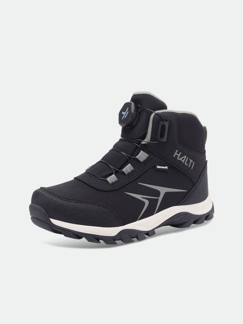 Schwarze Halti Tribe Dada DX Outdoor-Schuhe für Kinder, High-Top-Modell mit Drehverschluss, profilierter Sohle und wasserdichter Membran.