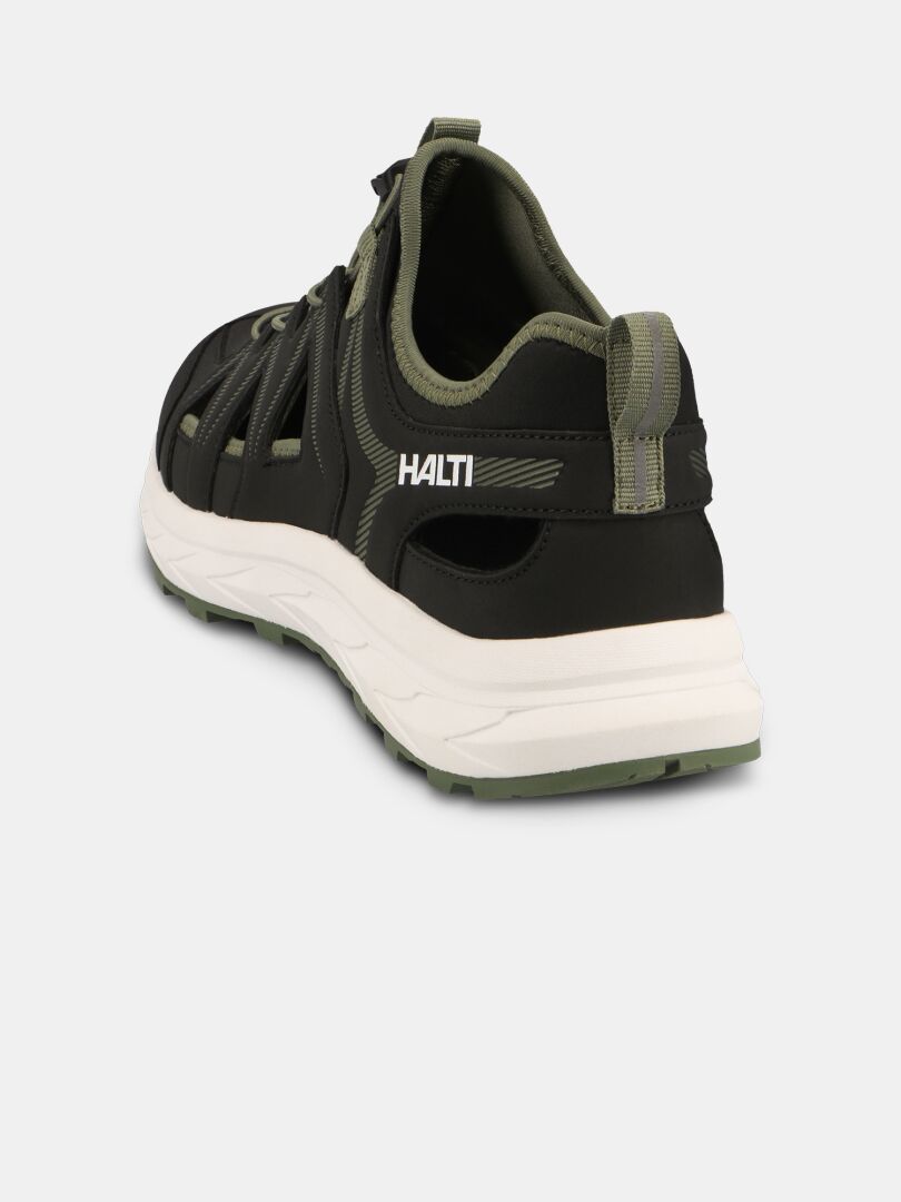 Die Halti Seili Hybrid Sandale Herren in Schwarz und Olivgrün ist von hinten auf weißem Grund abgebildet.