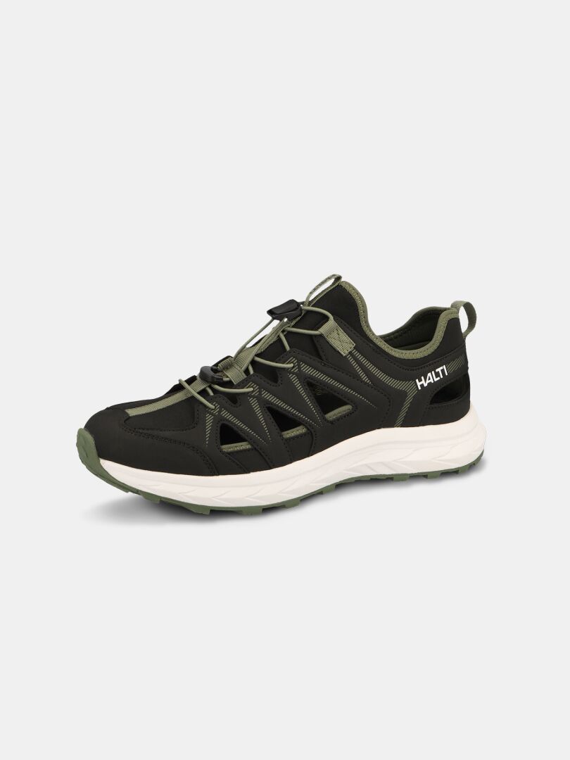Die Halti Seili Hybrid Sandale Herren in schwarz/oliv mit weißer Sohle ist ideal für aktive Tage im Freien.