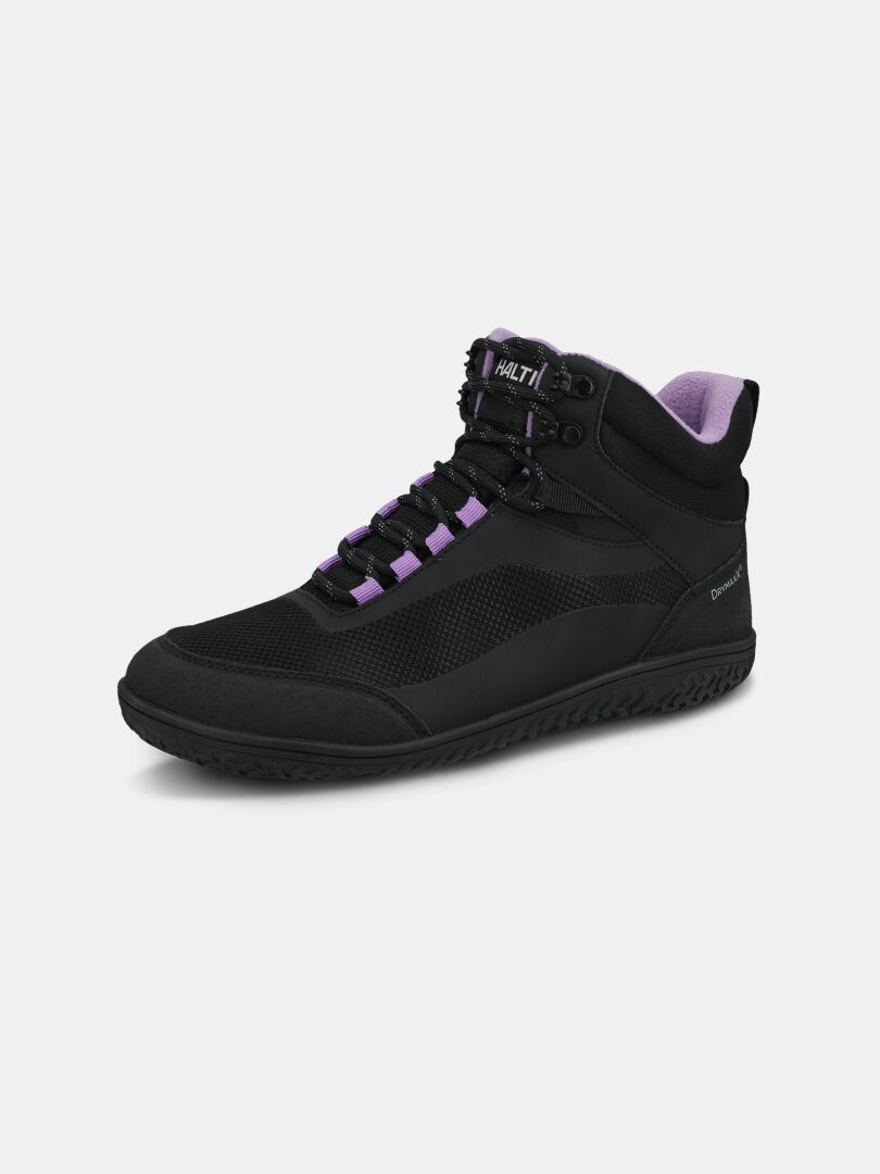 Halti Tuntuma Mid DX Barfußschuh für Damen, schwarz mit violetten Schnürsenkeln/Futter, Seitenansicht auf weißem Hintergrund.