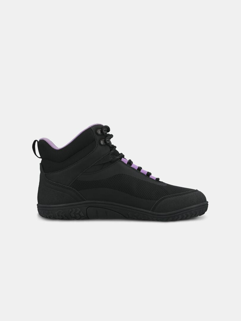 Halti Tuntuma Mid DX Barfußschuh für Damen, schwarz mit violetten Akzenten und DrymaxX-Membran, Seitenansicht auf weißem Hintergrund.