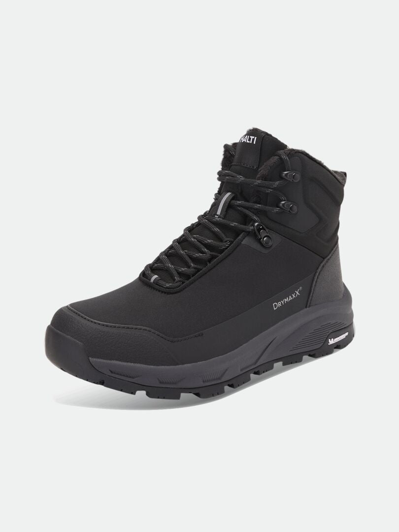 Schwarze, wasserdichte Halti Tunturi Mid DX IC Winterstiefel – Unisex-Schnürstiefel mit dicker Profilsohle.