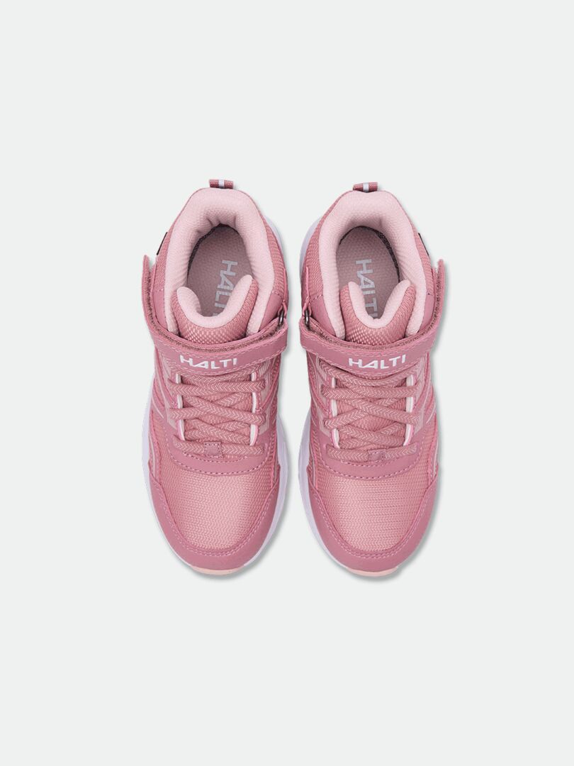 Halti Zuma Mid DX Sneaker Kinder in Rosa, wasserdicht, mit Schnürsenkeln und Klettverschluss, Draufsicht auf weißem Hintergrund.