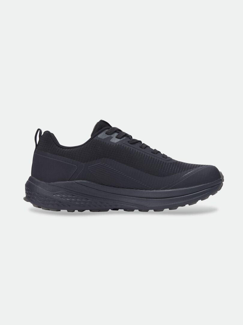 Halti Asento DX Outdoor-Schuhe für Herren – schwarzes Mesh, Schnürung, Zero-Drop-Sohle, strukturierter Gummi; Abbildung zeigt das Seitenprofil.