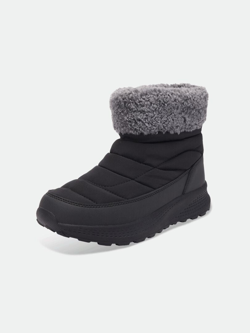 Halti Rest Winterschuhe für Damen: schwarzer, gesteppter Stiefeletten mit grauem Kunstfellkragen und dicker Gummisohle.