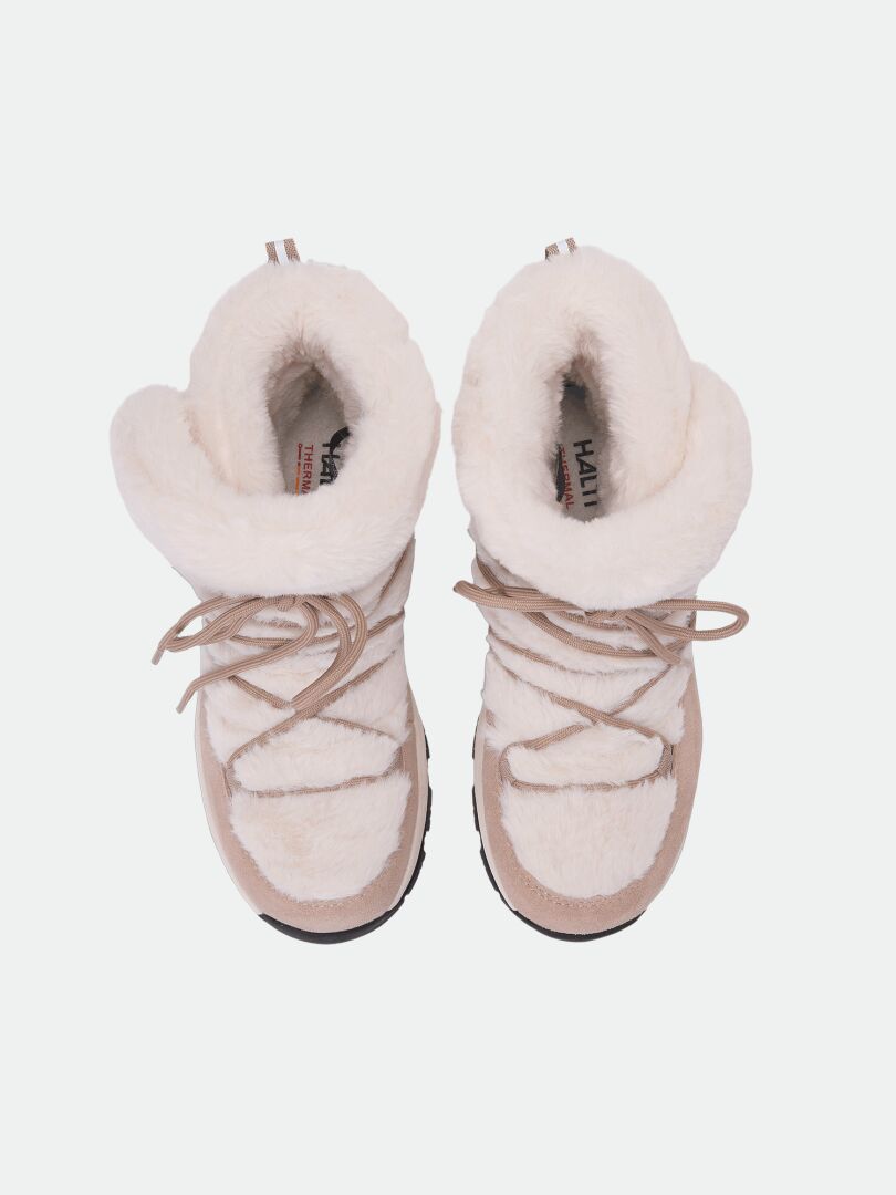 Halti Mukluk DX IC Winterstiefel für Damen: cremefarbene Winterstiefel zum Schnüren mit Kunstfell und Michelin-Profilsohlen.