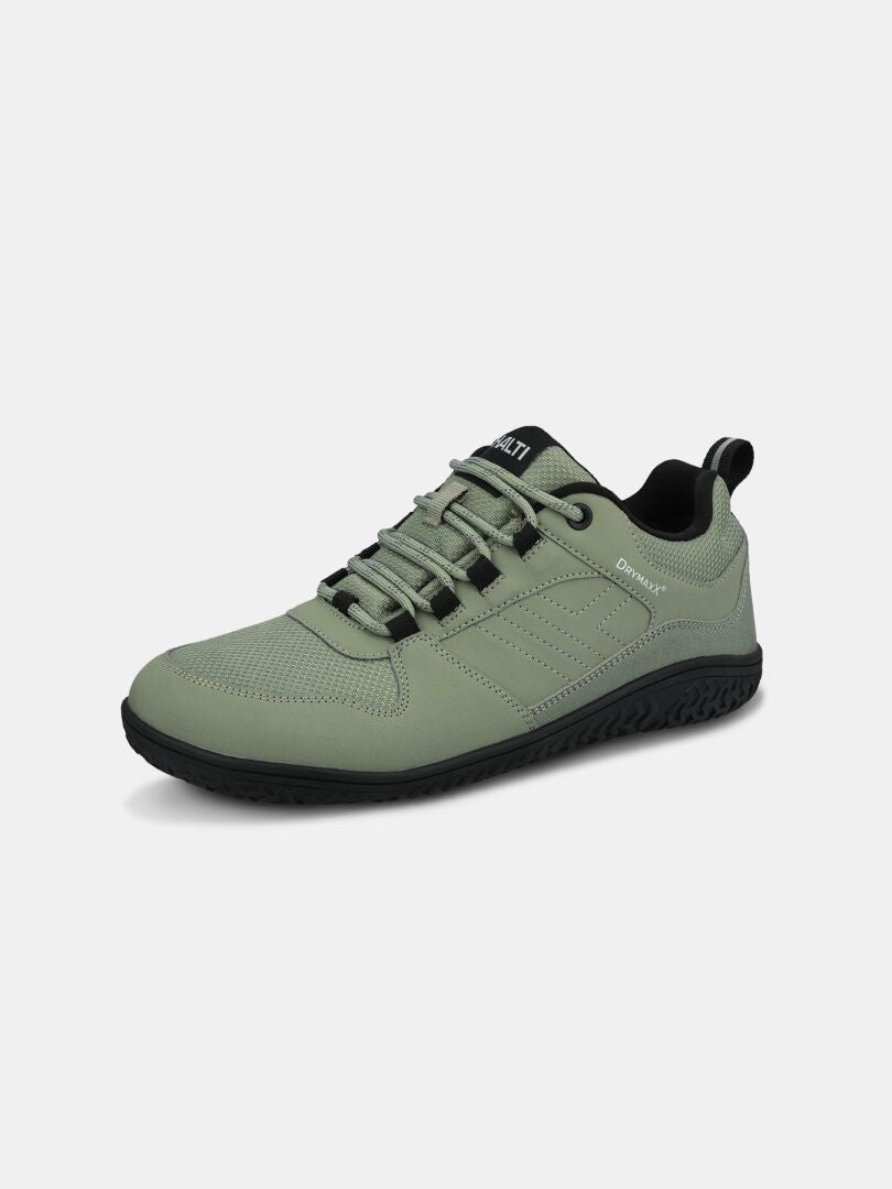 Halti Tuntuma DX Barfußschuh für Damen in Olivgrün mit schwarzen Schnürsenkeln und Sohle sowie dezenten Ziernähten auf weißem Hintergrund.