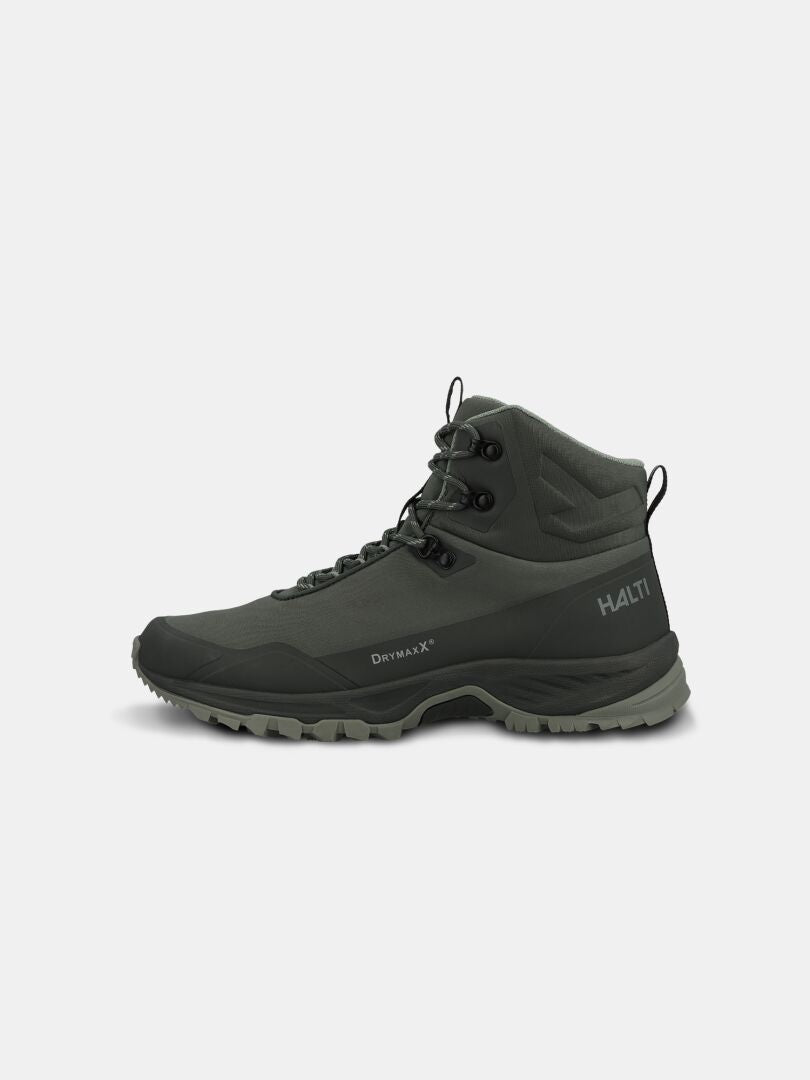 Der dunkelgraue Herrenstiefel „Halti Fara 4 DX Mid“ verfügt über schwarze Schnürsenkel, eine robuste Sohle und ein seitliches Markenlogo – ideal für den Einsatz im Freien.
