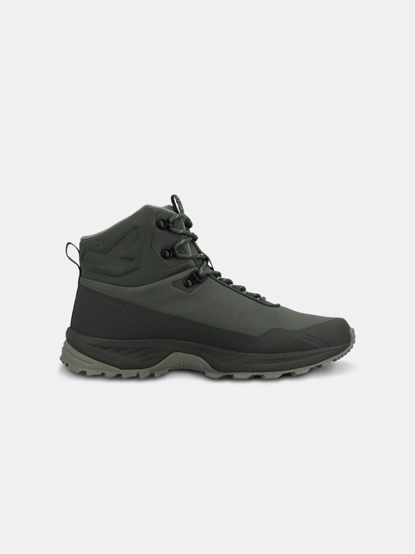 Halti Fara 4 DX Mid Herren: knöchelhoher Outdoor-Schuh in Dunkelgrün mit schwarzen Akzenten und robuster Sohle.