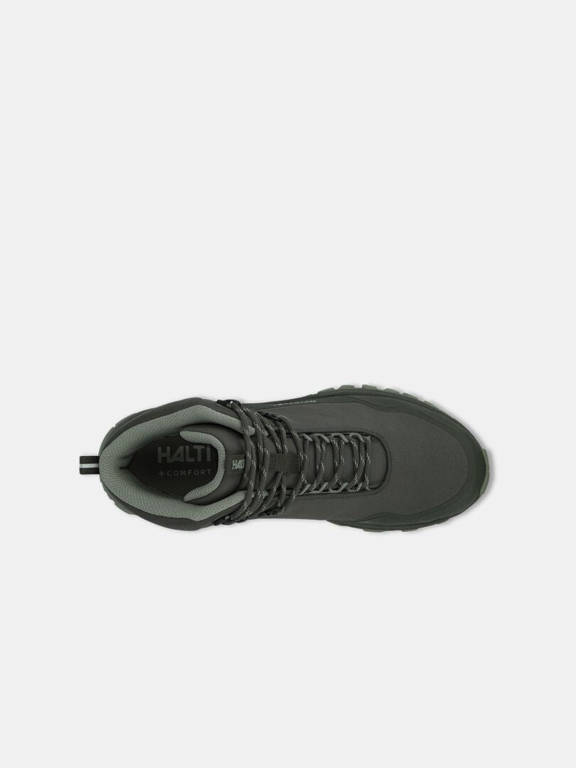 Draufsicht auf die „Halti Fara 4 DX Mid Outdoor-Schuhe für Herren“, einen knöchelhohen Schuh mit Schnürung und Zuglasche, vor weißem Hintergrund.