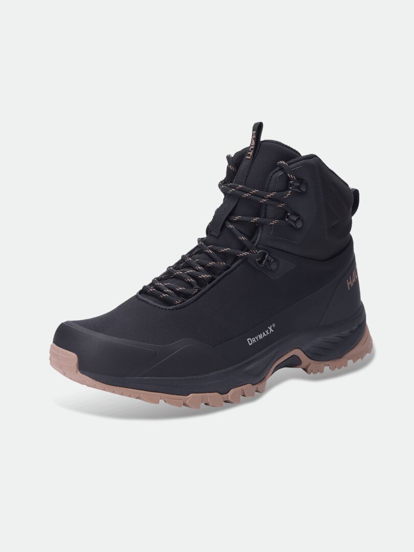 Halti Fara 4 DX Mid Herren-Outdoor-Schuh in Schwarz/Braun mit GripmaxX Trail-Sohle, seitlich abgebildet.