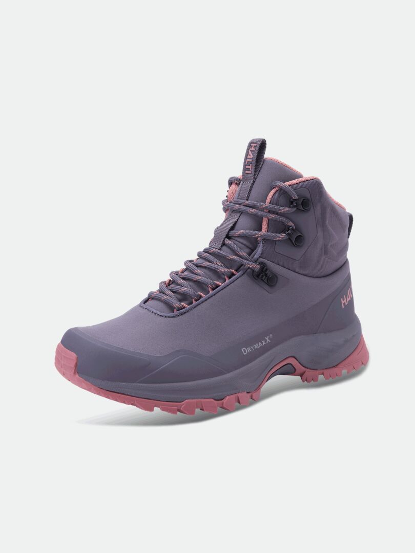 Halti Fara 4 DX Mid Damen: lila-rosa Wanderstiefel mit hohem Schaft, robuster Sohle und Schnürung auf weißem Hintergrund.