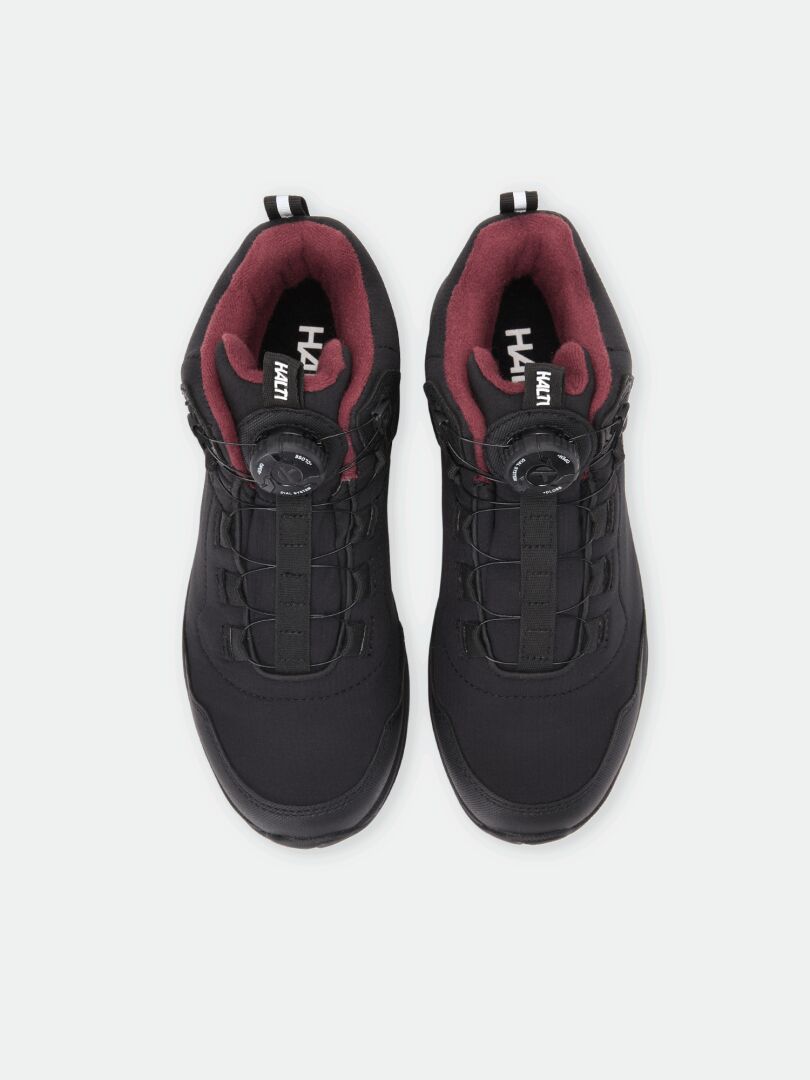 Draufsicht auf die schwarzen Halti Lynx Mid DX Freelock Spikeschuhe für Damen mit Drehverschluss-Schnürsystem und burgunderrotem Futter.