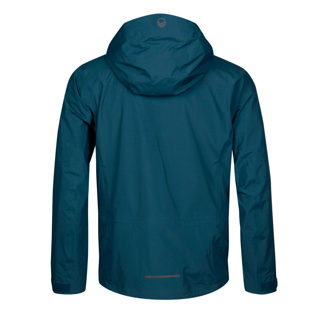 Eine blaue Halti Alpine 3L DX Skijacke Unisex wird von hinten gezeigt, ideal für Backcountry Skiing, auf weißem Hintergrund.