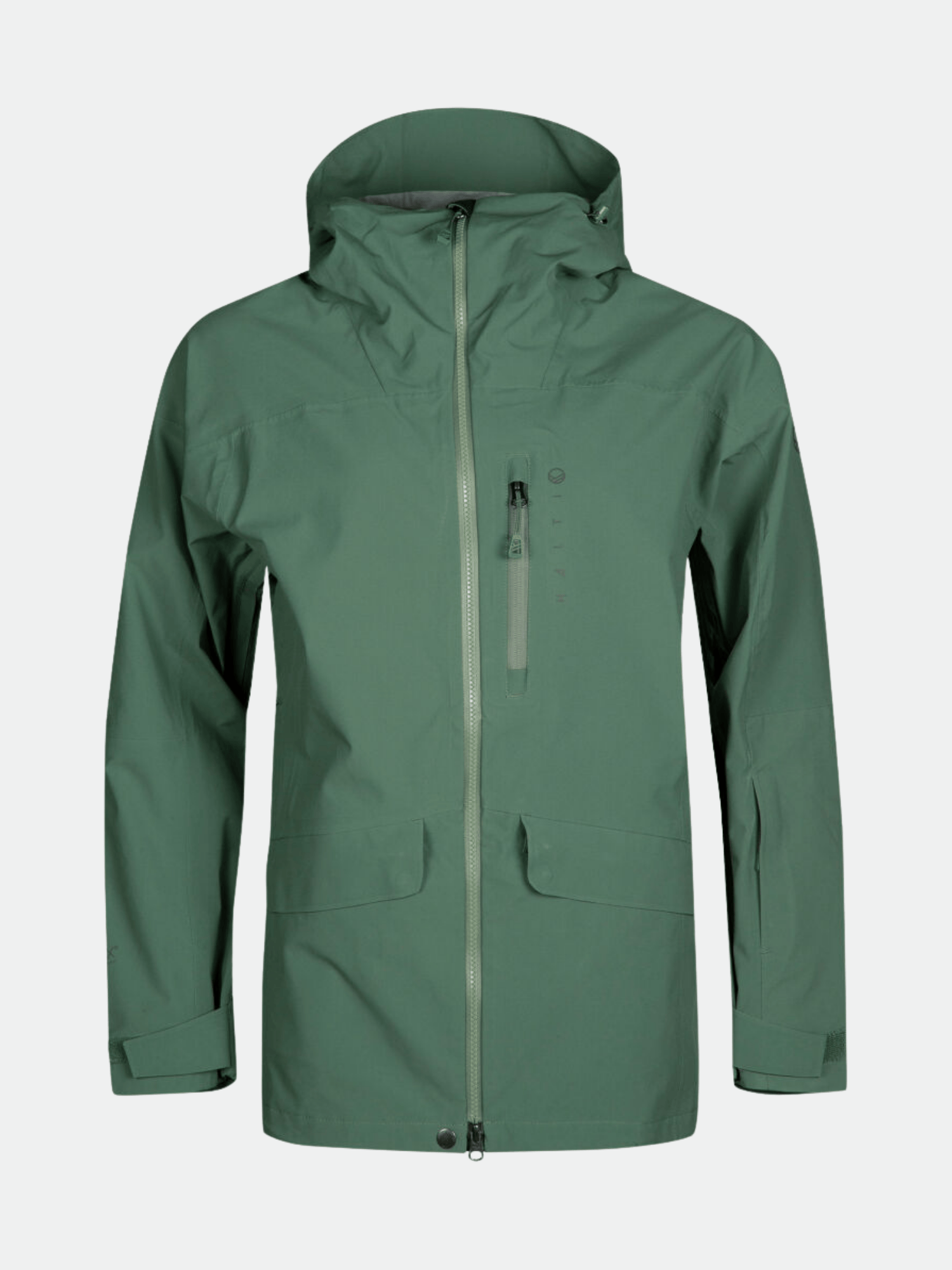Die Halti Settler 3L DX Ski Jacke Damen in grün hat DrymaxX Nano, einen Frontreißverschluss, eine Brusttasche und zwei Pattentaschen.