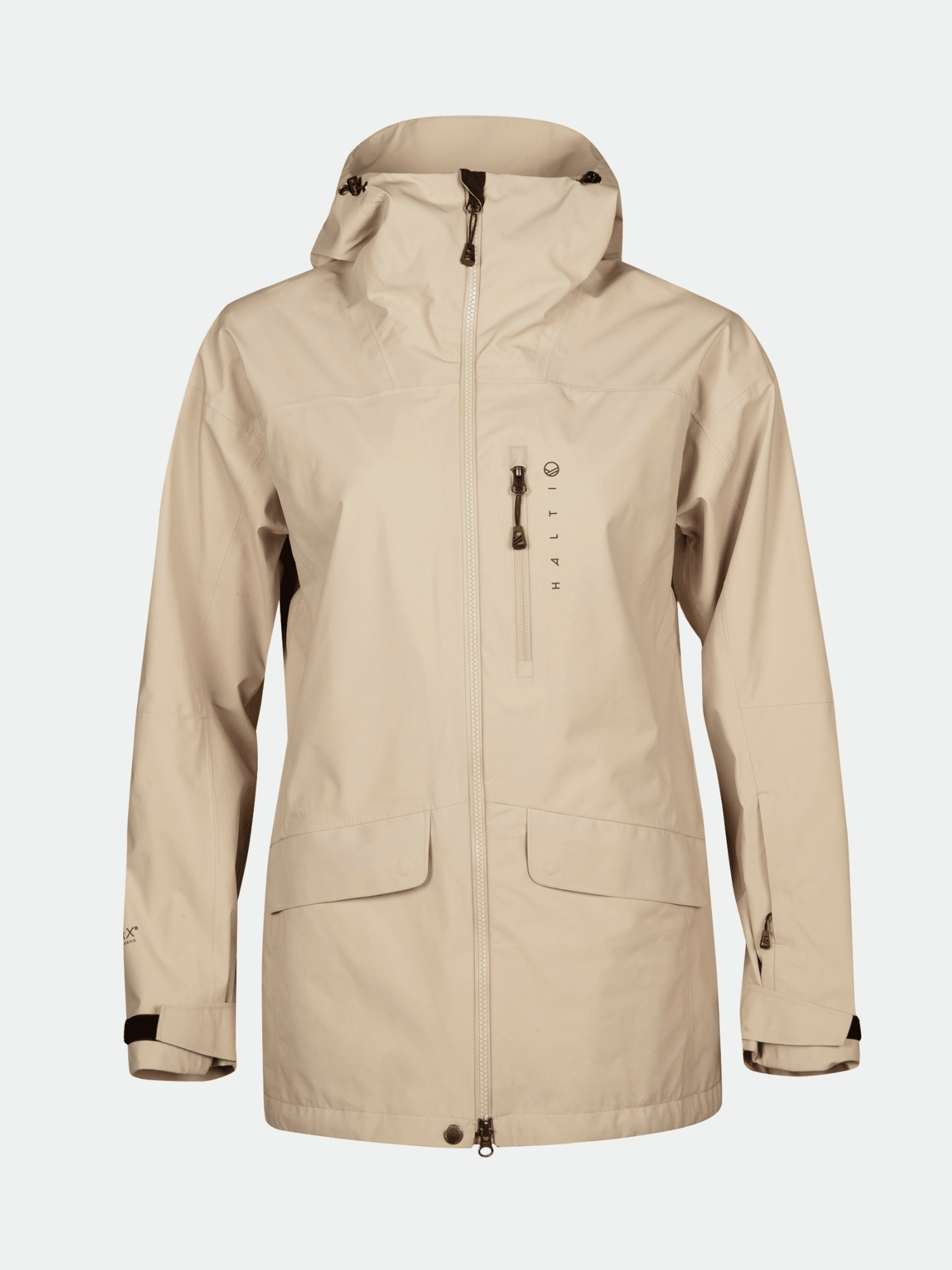 Beige Halti Settler 3L DrymaxX Damen Skijacke, wasserdicht, mit Kapuze, Frontzipper und Brusttasche.
