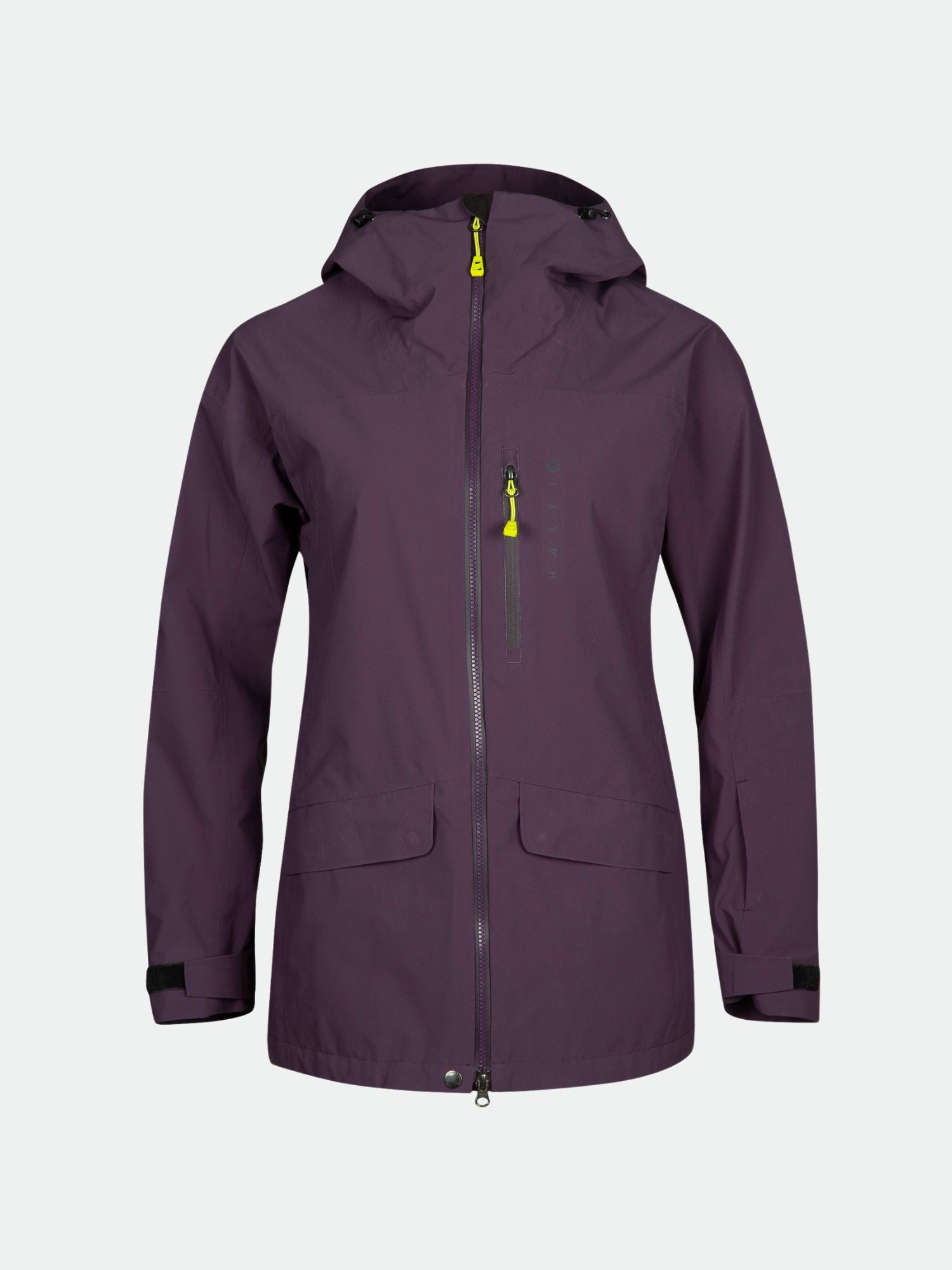 Eine Vorderansicht der Halti Settler 3L DX Ski Jacke Damen mit Reißverschluss, gelben Akzenten und zwei Fronttaschen.