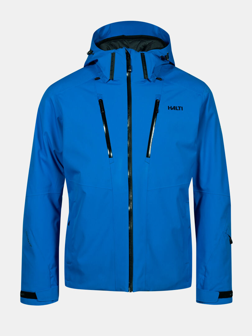 Leuchtend blaue Halti Vertica DX Skijacke für Herren mit Reißverschluss vorne und zwei Brusttaschen.