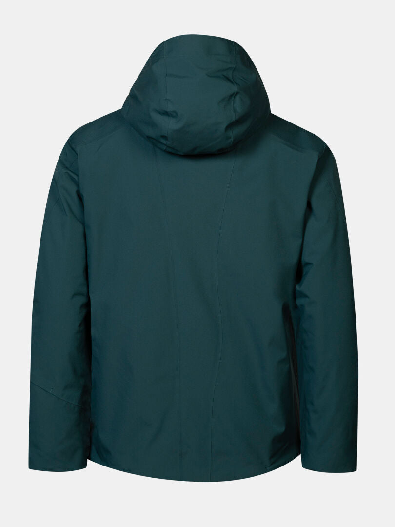 Rückansicht einer dunkelgrünen Halti Vertica DX Skijacke Herren – Wintersport-Skijacke mit Kapuze.