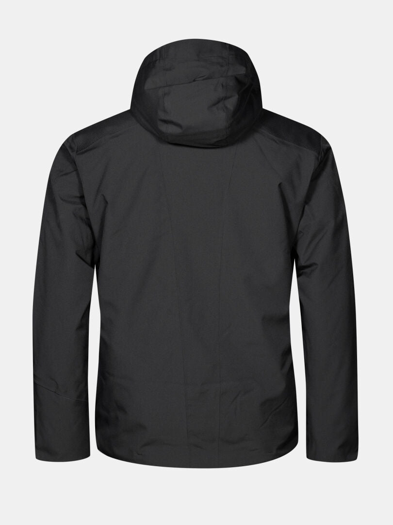 Rückansicht einer schwarzen Vertica DX Skijacke für Herren mit Kapuze für den Wintersport.