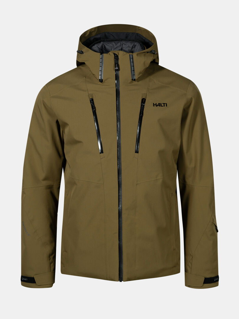 Halti Vertica DX Skijacke Herren in olivgrün mit schwarzen Reißverschlüssen, Vier-Wege-Stretch, und Logo auf der Brust, hier unbedruckt.