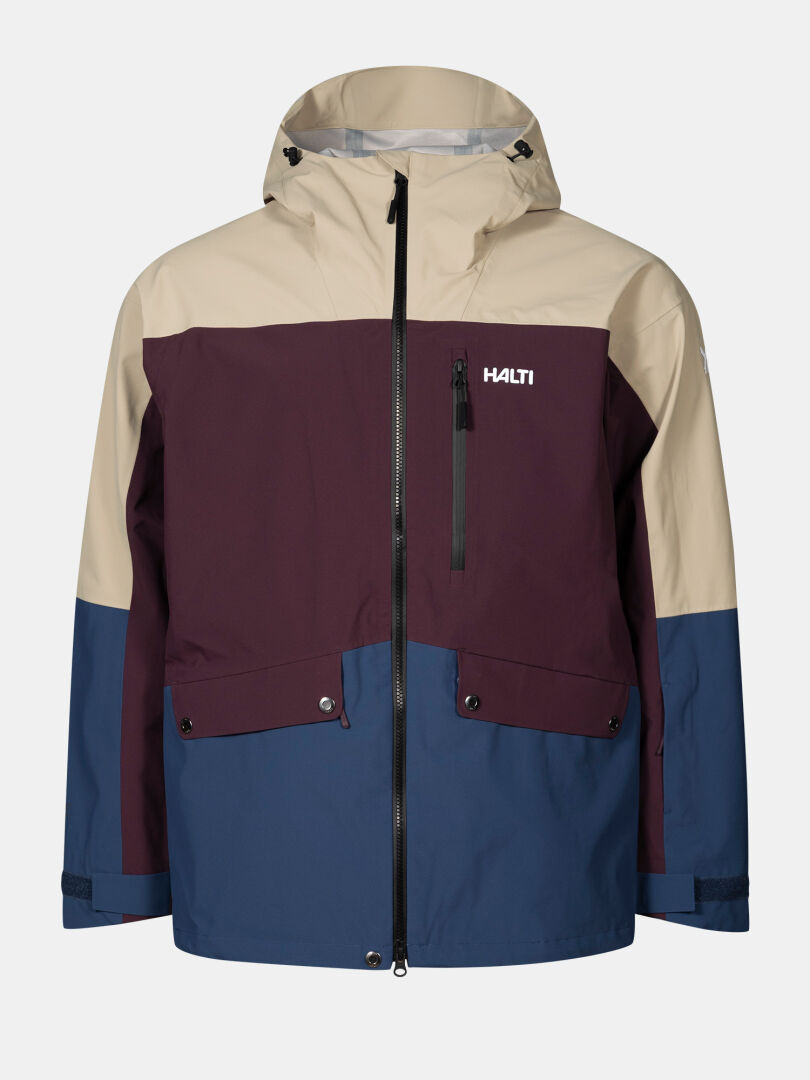 Die Halti Settler 3L DX Ski Jacke Herren ist mit beigen, burgunderroten und blauen Einsätzen, Kapuze, Pattentaschen und Frontreißverschluss ausgestattet.