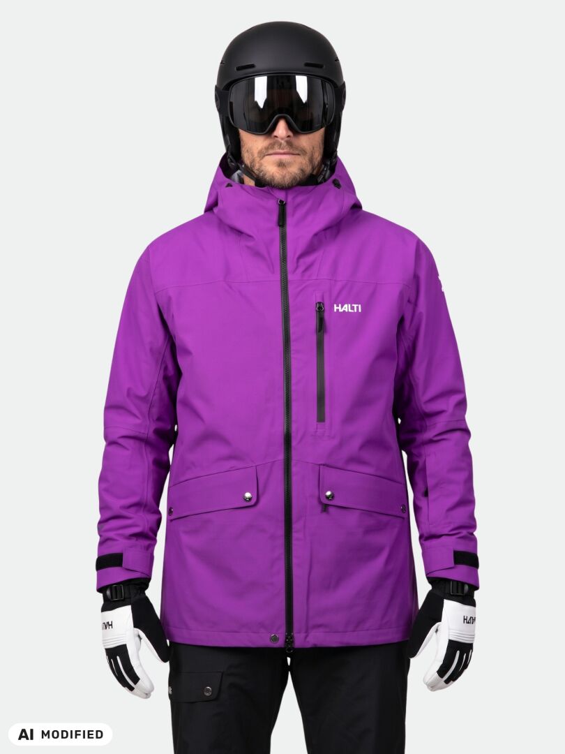 Person in einer violetten Settler 3L DX Skijacke für Herren, mit schwarzem Helm und Skibrille sowie schwarz-weißen Handschuhen.