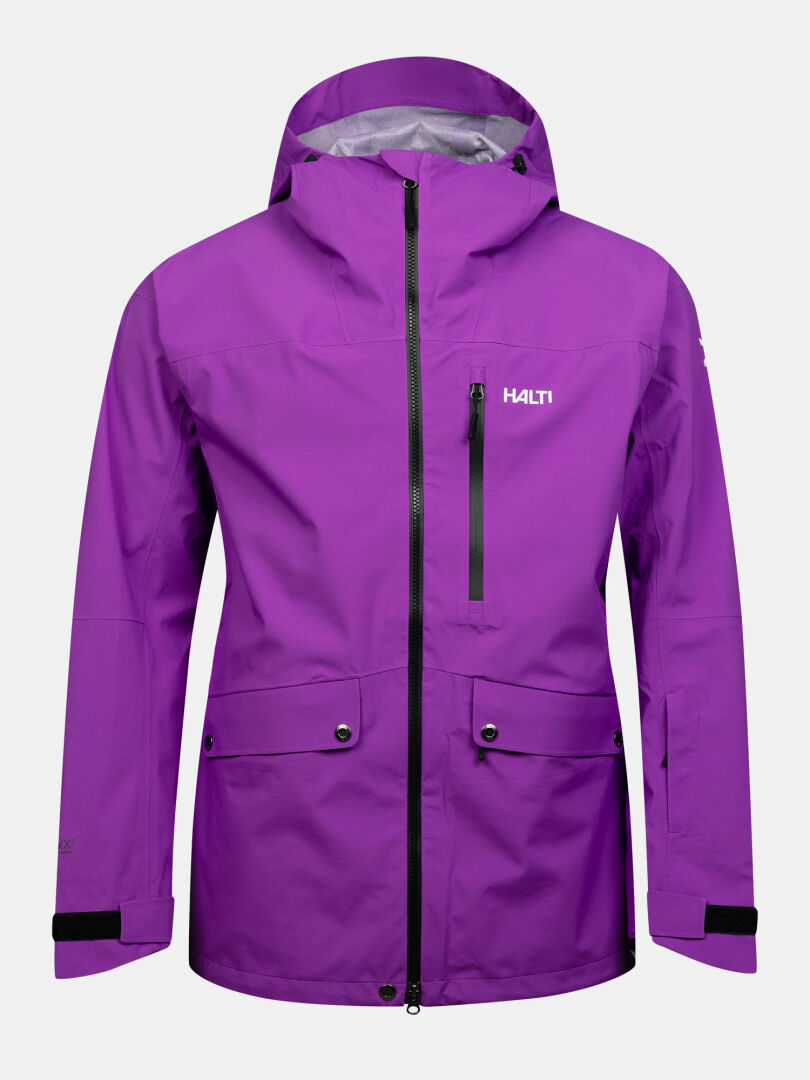 Atmungsaktive, violette Halti Settler 3L DX Skijacke für Herren mit schwarzen Reißverschlüssen, Fronttaschen und verstellbaren Ärmelbündchen.