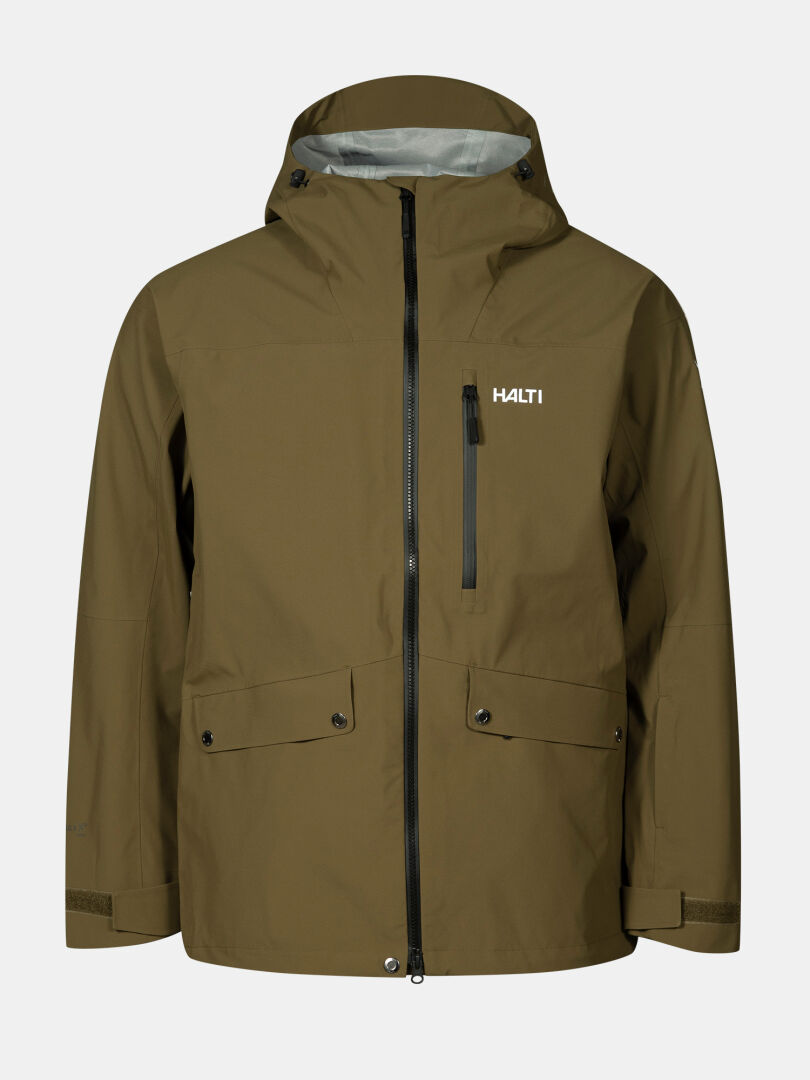 Halti Settler 3L DX Herren Skijacke in Olivgrün mit Kapuze, Frontreißverschluss, Brusttasche und Halti-Logo.