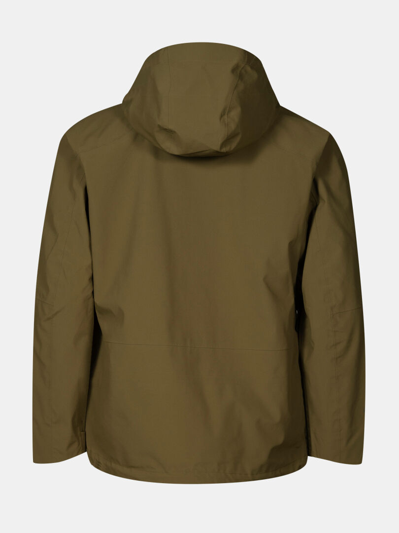 Die Halti Settler 3L DX Ski Jacke Herren in olivgrün von hinten vor einem hellgrauen Hintergrund gezeigt.