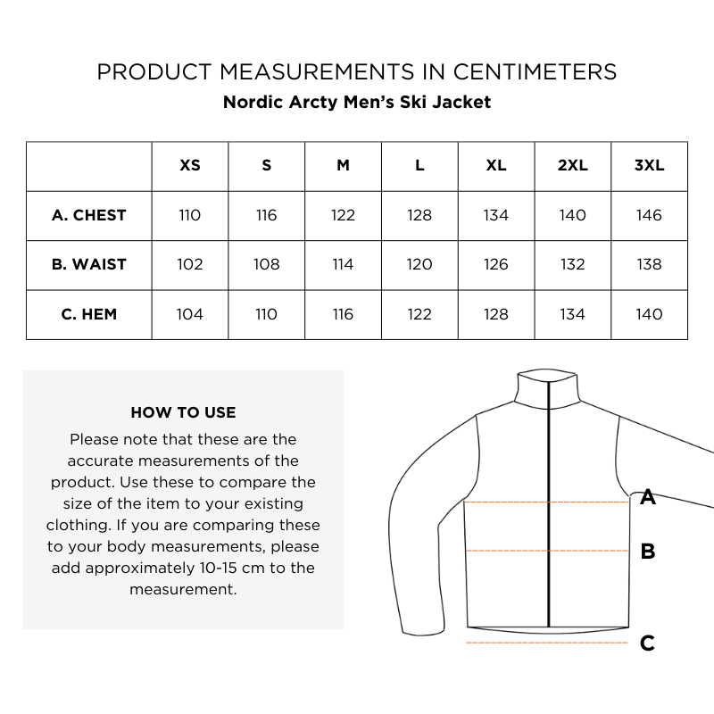 Größentabelle für Halti Nordic Arcty Skijacke Herren mit Microtherm®-Einsätzen, Größen XS–3XL in cm.