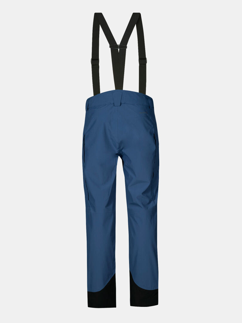 Die Halti Settler 3L DX Skihose Herren, von hinten gesehen, hat schwarze Hosenträger und schwarzen Stoff an den Unterschenkeln.