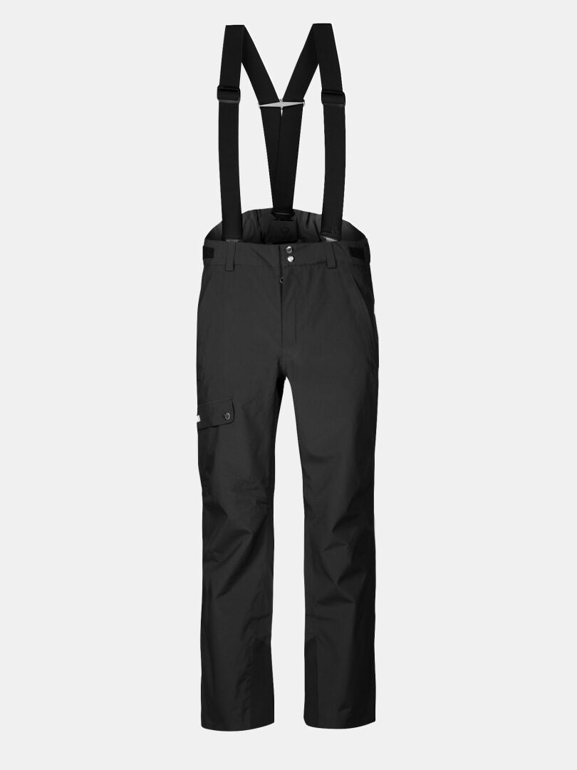 Schwarze Halti Settler 3L DX Skihose Herren mit verstellbaren Hosenträgern, Druckknopfverschluss und Pattentasche auf einfarbigem Grund.
