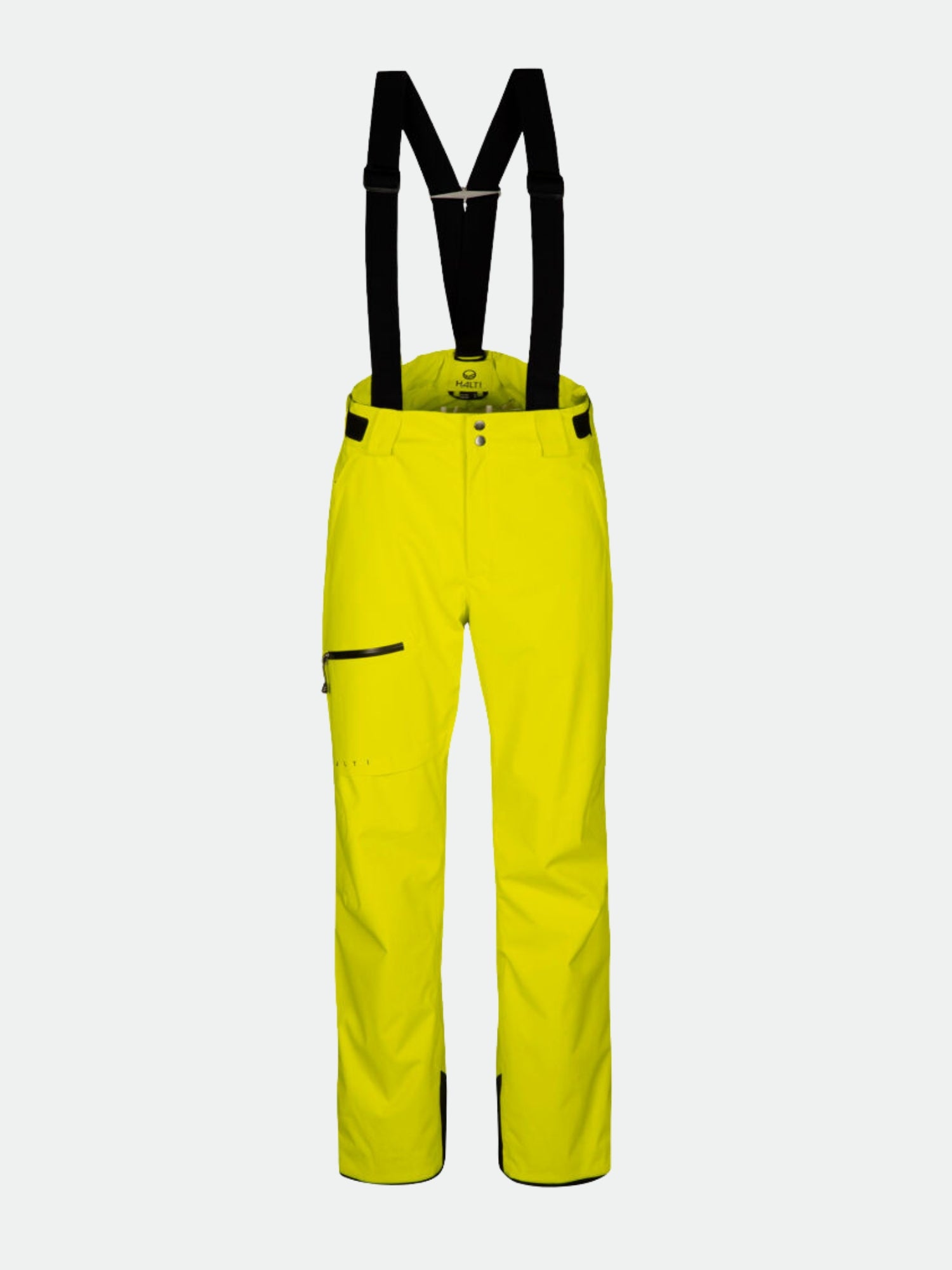 Halti Carvey DX Skihose Herren in neongelb mit schwarzen Hosenträgern, Frontreißverschluss, Taschen und verstärkten Bündchen.