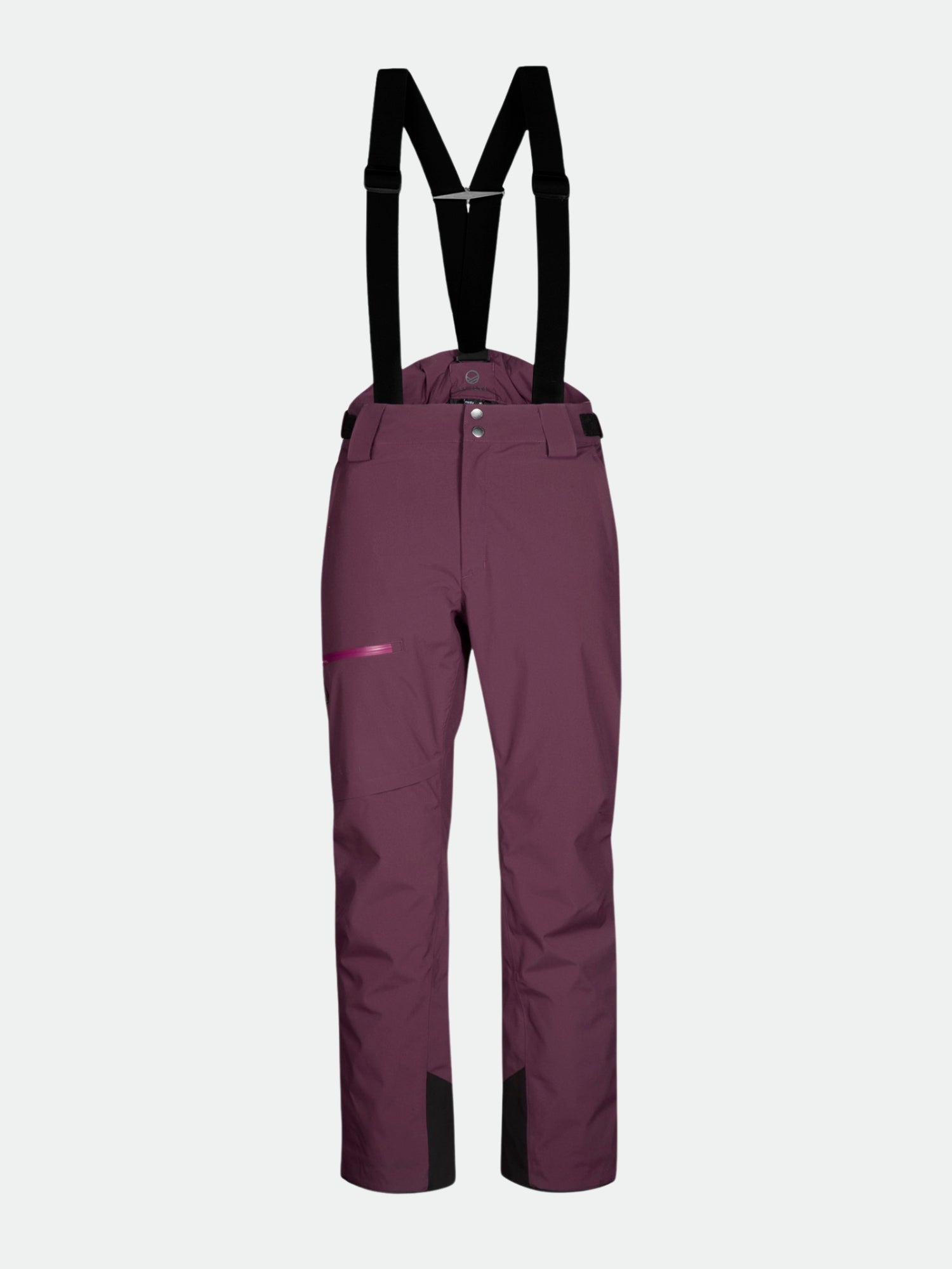 Halti Carvey DX Skihose Herren, lila mit schwarzen Hosenträgern, atmungsaktiv, wasserdicht, verstärkte Bündchen auf weiß.