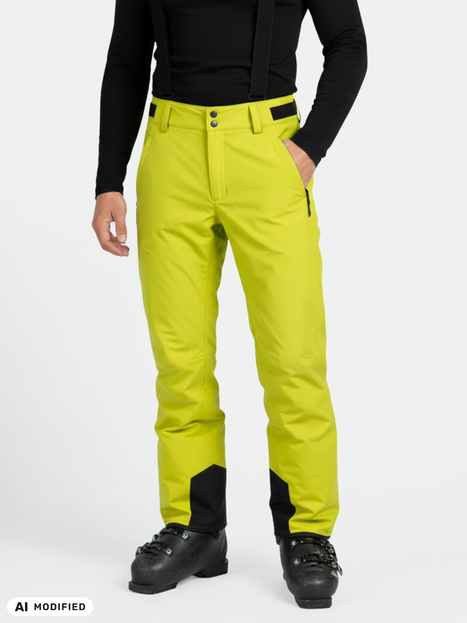 Halti Trusty DX Skihose für Herren: gelb, wasserdicht, Vier-Wege-Stretch, Hosenträger, Reißverschlusstasche, verstärkte Bündchen.