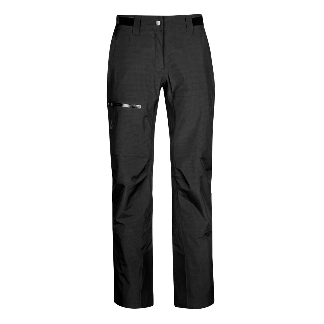 Halti Alpine 3L DrymaxX Skihose Damen in Schwarz mit geradem Bein, Knopf-Reißverschluss, Gürtelschlaufen und Reißverschlusstasche am rechten Oberschenkel.