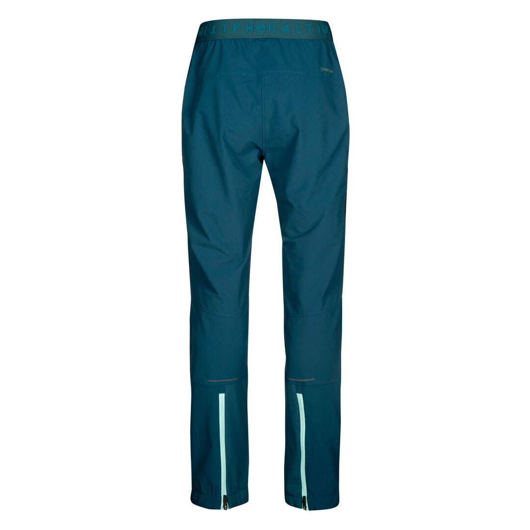 Rückansicht der Halti Adrenaline Lite Skitourenhose Damen aus blaugrünem X-Stretch-Softshell mit Reißverschlussbeinen und elastischem Bund.