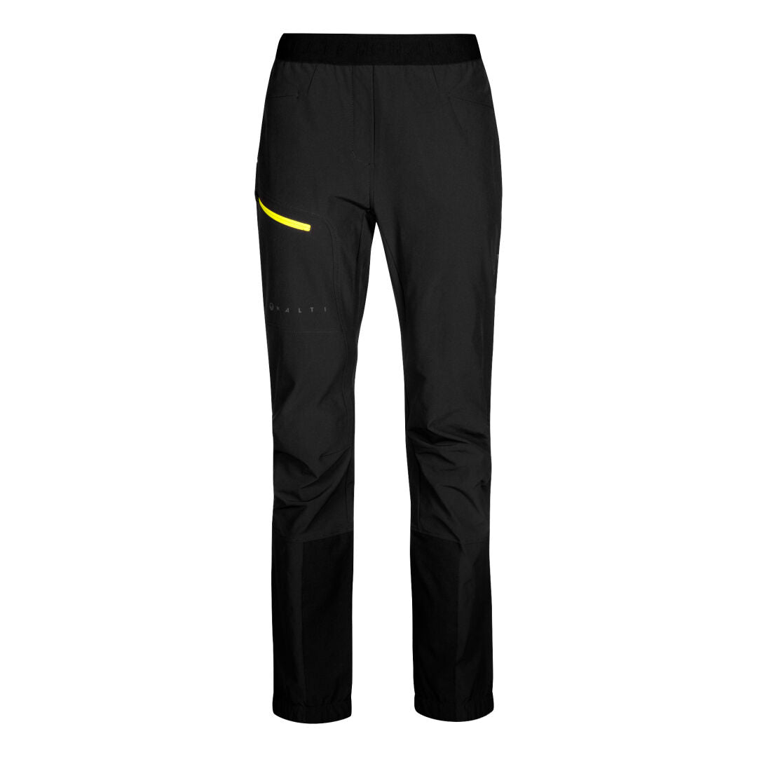 Halti Adrenaline Lite Skitourenhose Damen mit X-Stretch Softshell und einer gelb akzentuierten Seitentasche.