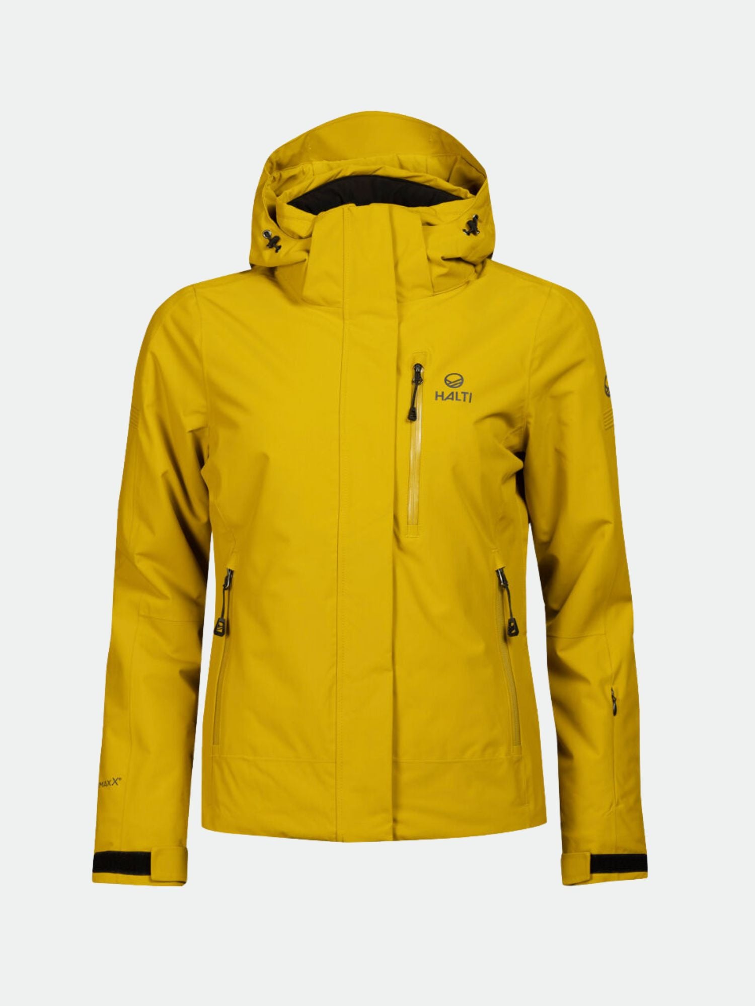 Die Halti Radius DrymaxX Skijacke Damen ist gelb mit Reißverschlusstaschen, schwarzen Akzenten und DrymaxX® Ultimate-Technologie.