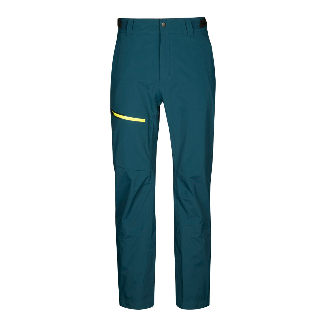 Halti Alpine 3L DX Skihose Herren in teal mit Knopfverschluss, Gürtelschlaufen und gelber Reißverschlusstasche auf weißem Grund.