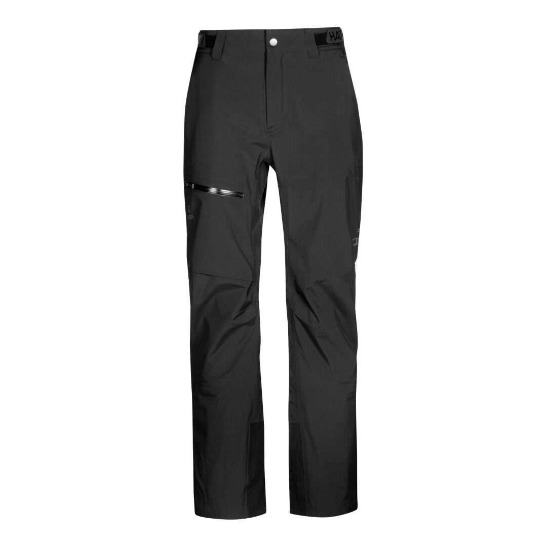 Halti Alpine 3L DX Skihose Herren in Schwarz mit Frontknopf, Reißverschluss und diagonaler Oberschenkeltasche rechts.
