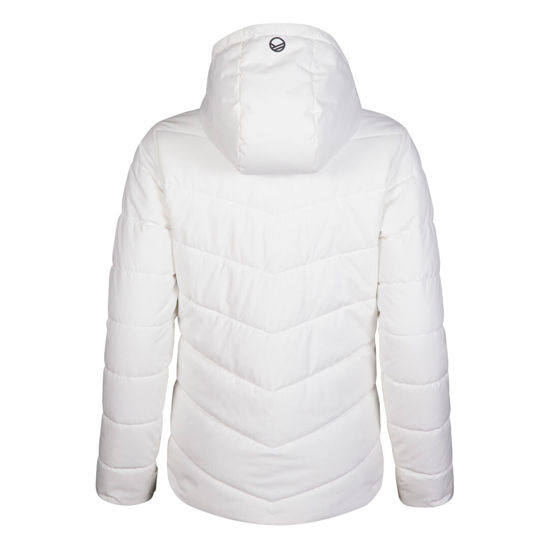Rückenansicht der Halti Mellow Puffer Skijacke Damen Plus in Weiß, mit Kapuze und dezenter Chevron-Steppung.
