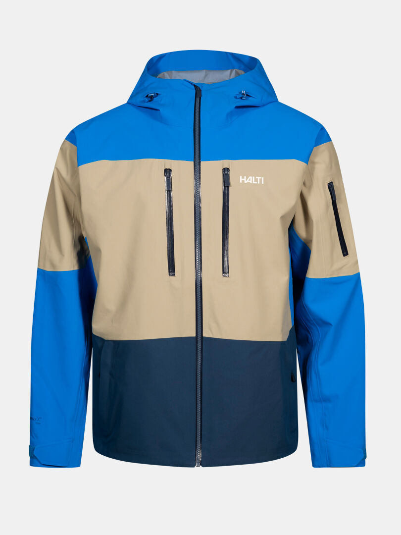 Halti Rizle Unisex 3L DX Skijacke: blau/beige/dunkelblau, Frontreißverschluss, Brusttaschen, Kapuze, Primaloft Thermo-Fleece.