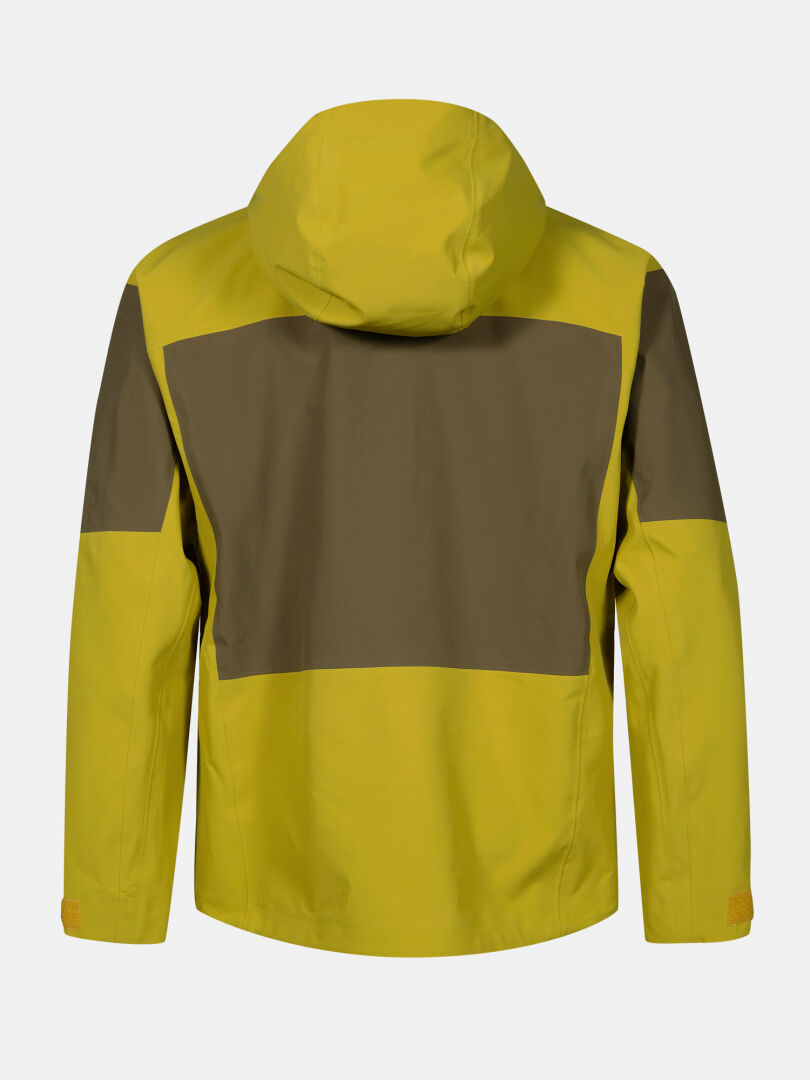 Die Halti Rizle Unisex 3L DX Skijacke ist gelb mit einer Kapuze, olivfarbenen Einsätzen und Primaloft Thermo-Fleece, hier von hinten.