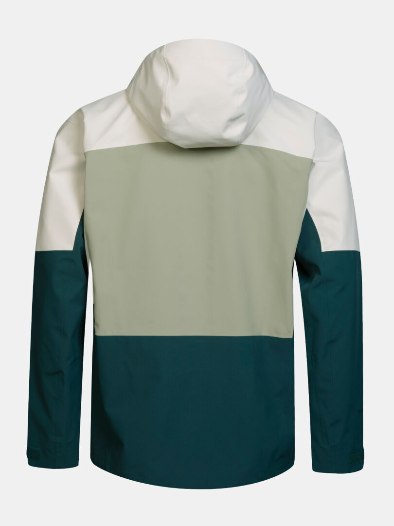 Rückansicht der Halti Rizle Unisex 3L DX Skijacke in den Farben Weiß, Salbei und Dunkelblaugrün mit PrimaLoft Active im Color-Blocking-Design.